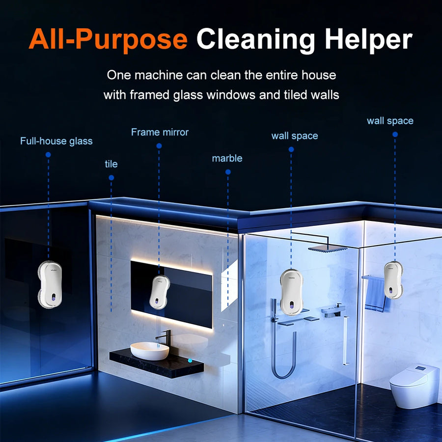 Robot lave-vitre sur vitres, miroirs et carrelage